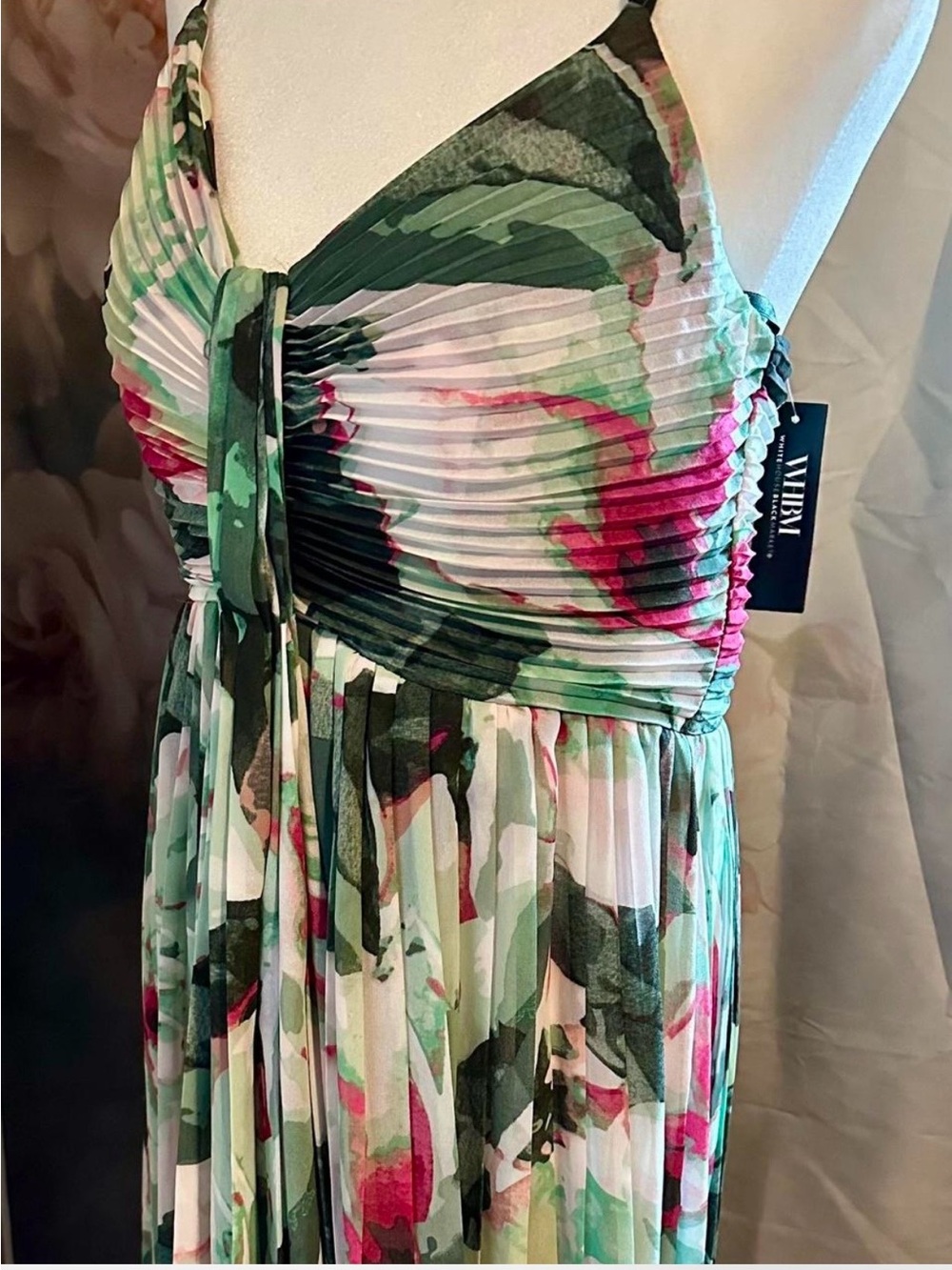 White House Black Market Green & Pink Pleated Strapless Maxi Dress